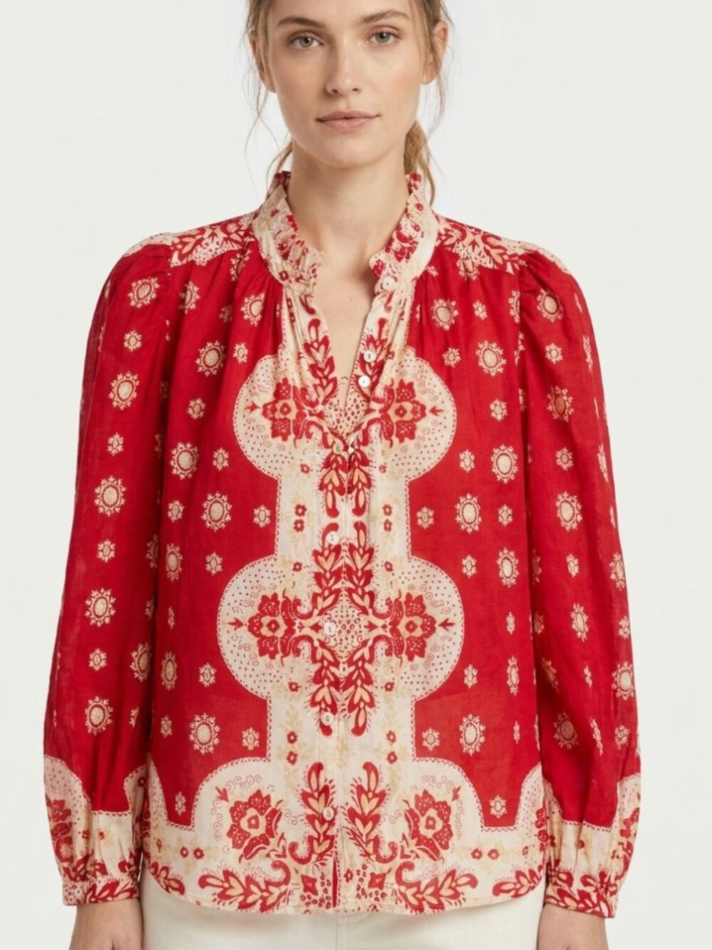 Alix of Bohemia Artemis Rougewood Cotton Ruffle Blouse Red Cream Size M